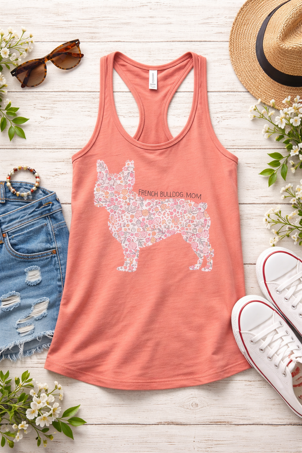 Floral French Bulldog Mom Racerback Tank