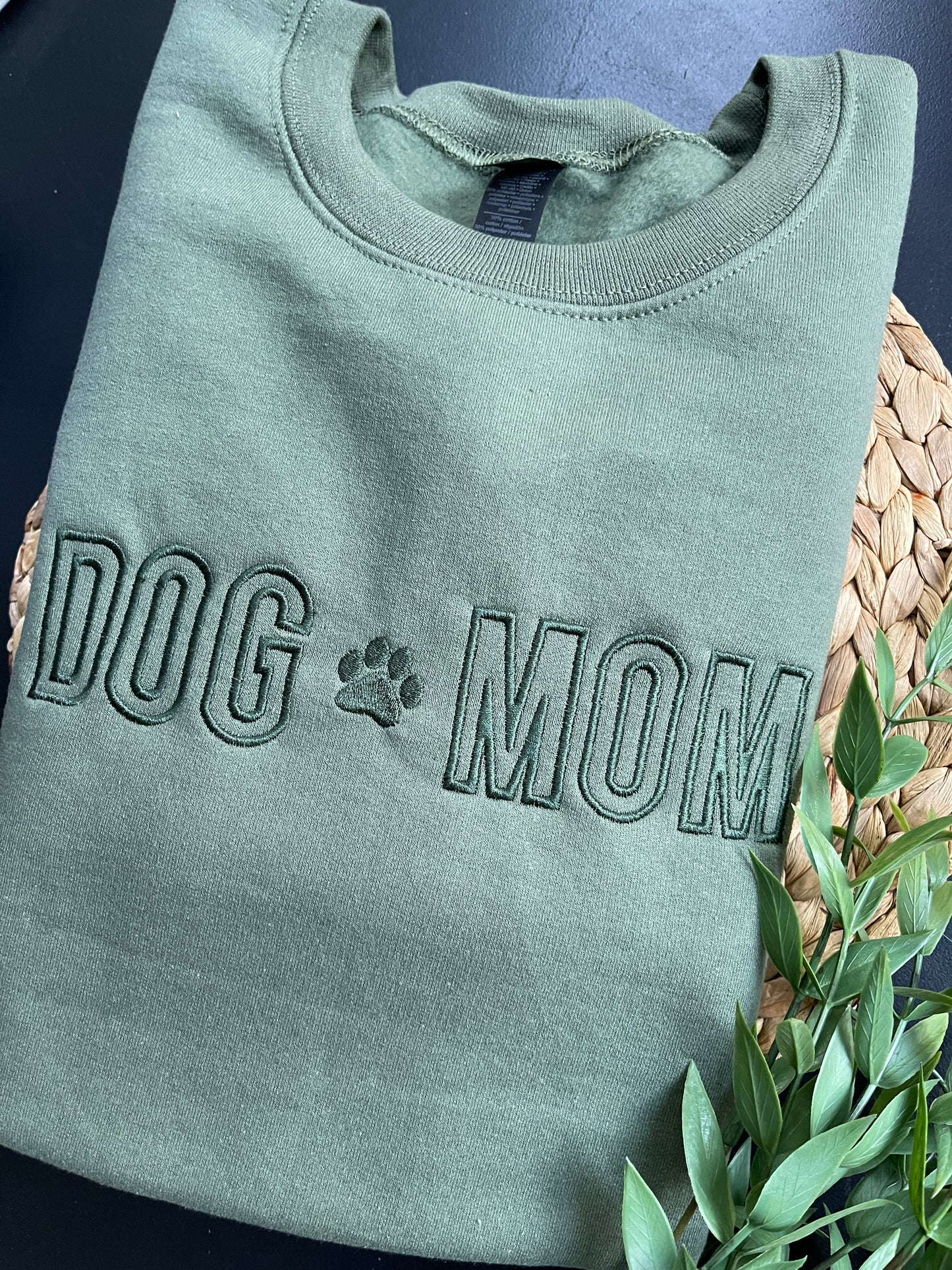 Olive Green Dog Mom Embroidered Crewneck